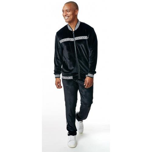 Stacy Adams Black / White Greek Key Cotton Velour Modern Fit Tracksuit Outfit 2570